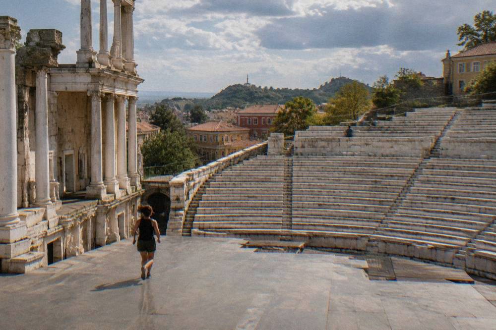 Marble seating rows of the Ancient Theatre of Philippopolis seen from the stage