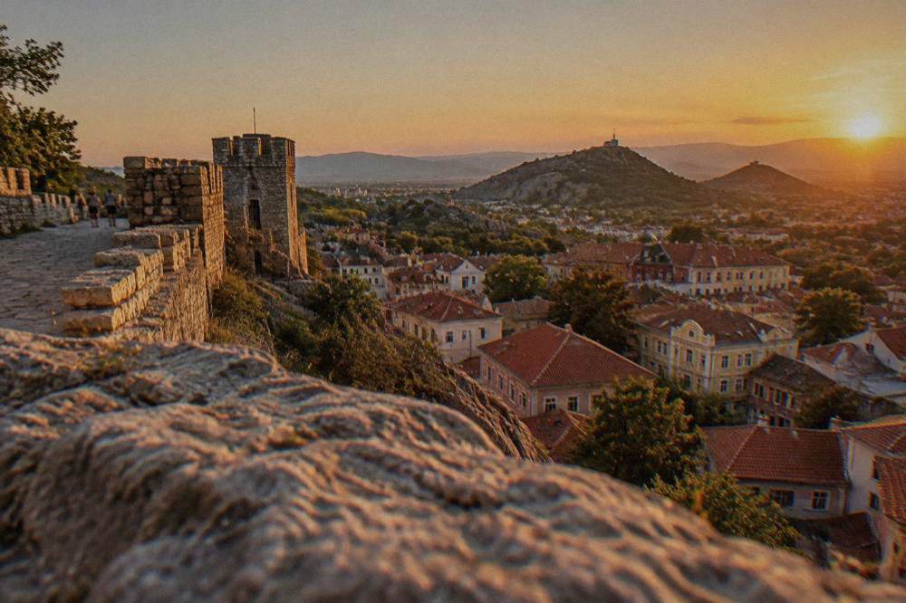 View over Plovdiv rooftops from Nebet Tepe toward the Rhodope hills