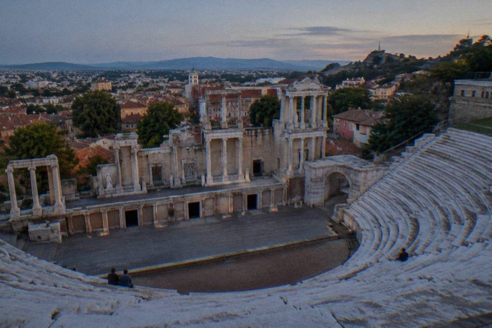 Marble seating rows of the Ancient Theatre of Philippopolis seen from the stage