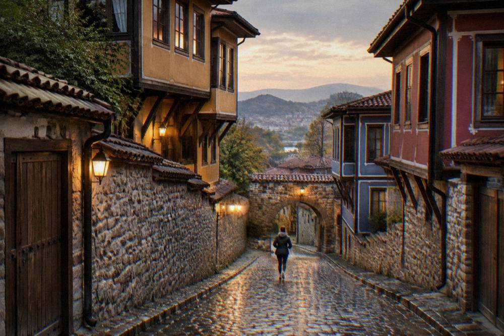 A stone gate in Plovdiv with old houses rising above it in evening light