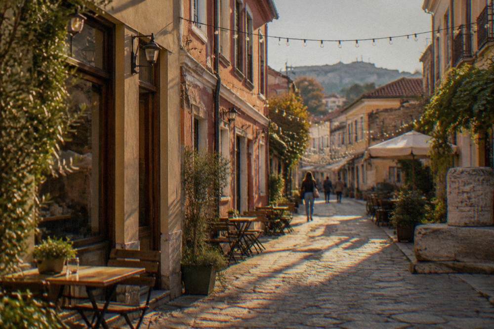 Narrow lane in the Kapana district with small shopfronts and string lights