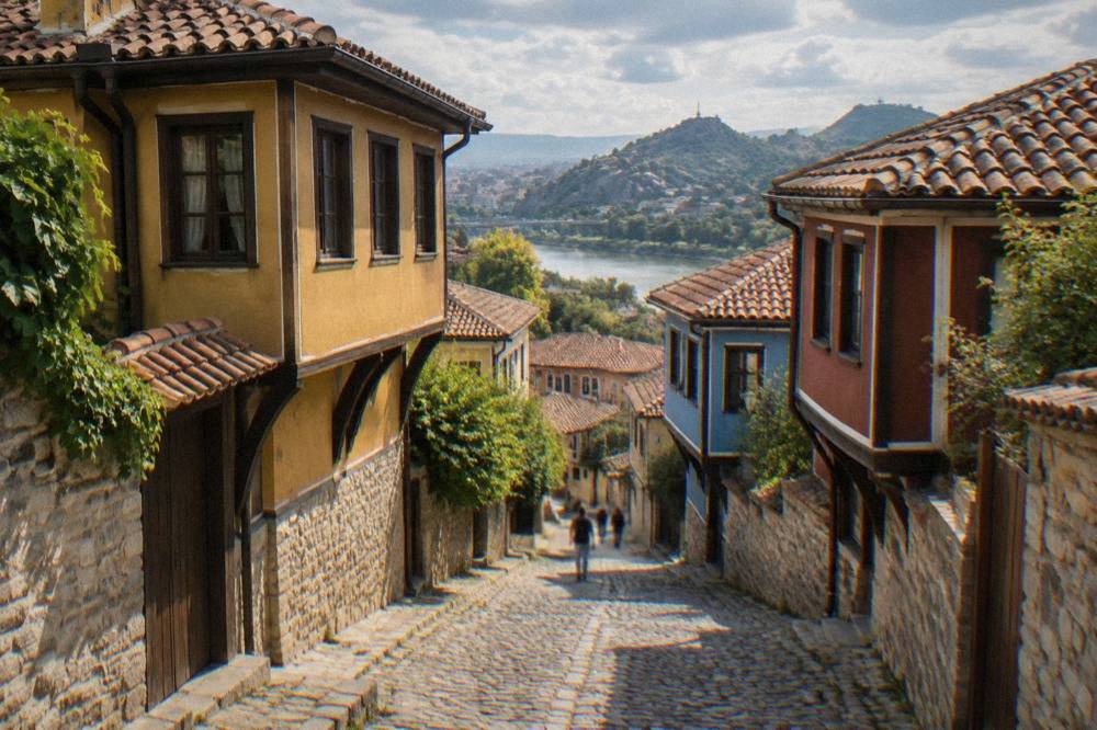 Narrow cobblestone street in the Old Town of Plovdiv lined with colourful revival-era houses