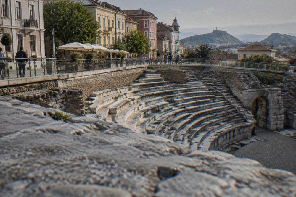 The northern curve of the Roman Stadium of Philippopolis visible below street level in Plovdiv