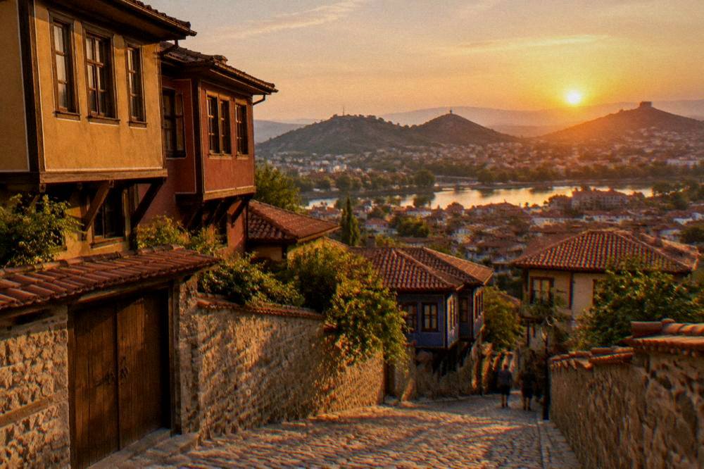Sunset over the rooftops and hills of Plovdiv seen from a high viewpoint