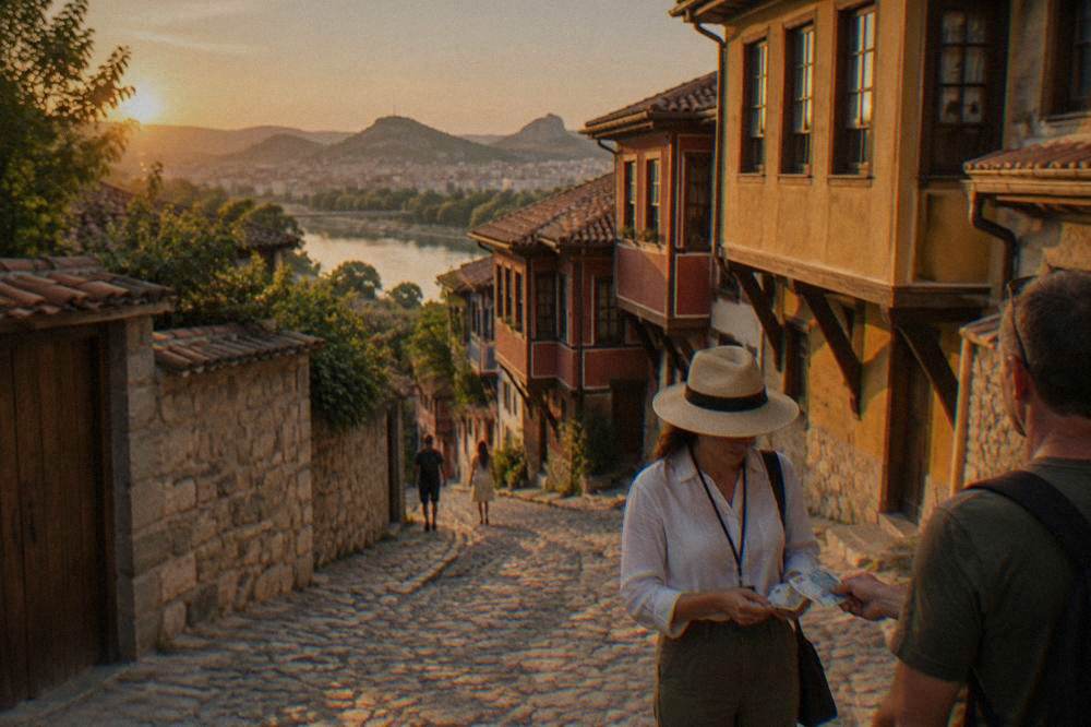 A walker handing euro notes to a tour guide at the end of a walk in Plovdiv