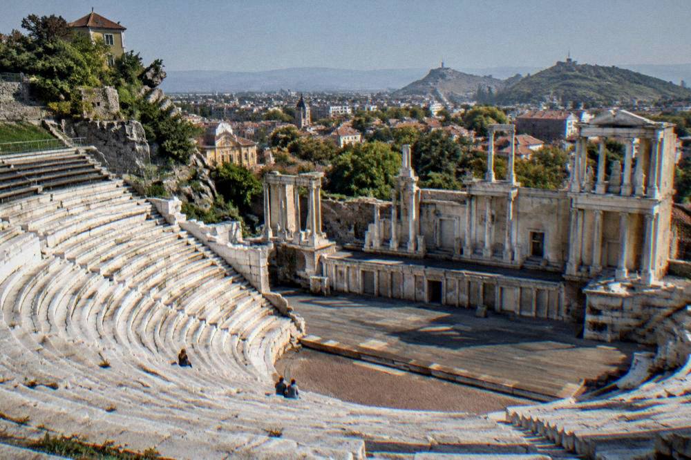 The marble seat rows of the Ancient Theatre of Philippopolis seen from above