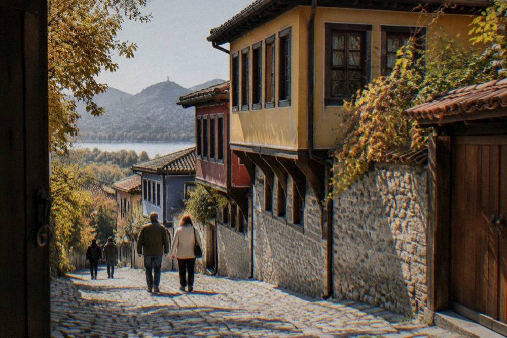 Walkers in light jackets crossing a sunlit cobbled lane in Plovdiv in autumn