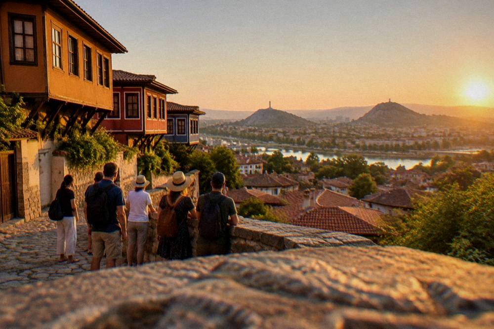 A tour group pausing on a stone terrace overlooking the rooftops of Plovdiv at golden hour