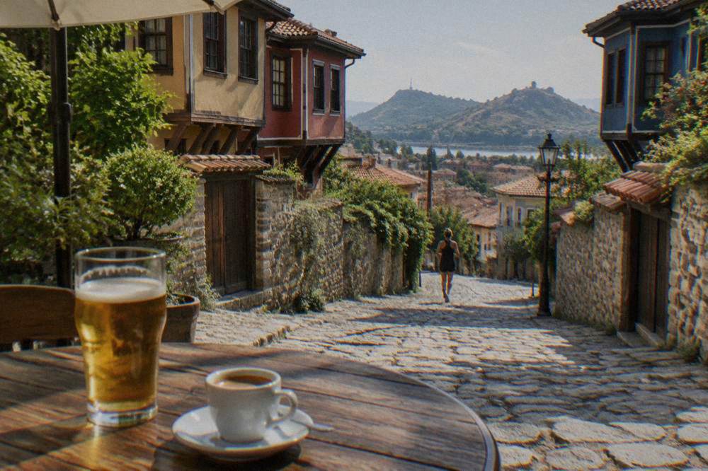 A cup of espresso and a glass of beer on a cafe table in a Plovdiv square
