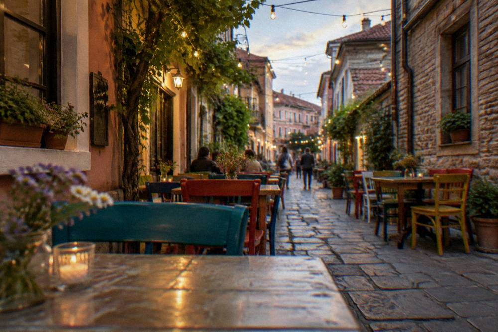 Colourful cafe tables and string lights in a narrow Kapana lane in the evening