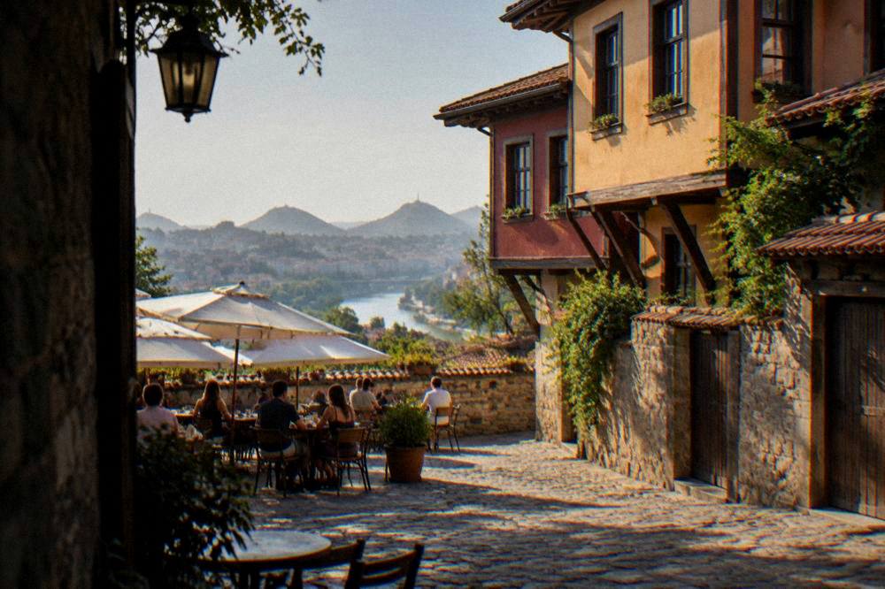 People eating at outdoor tables in warm evening light on a Plovdiv square