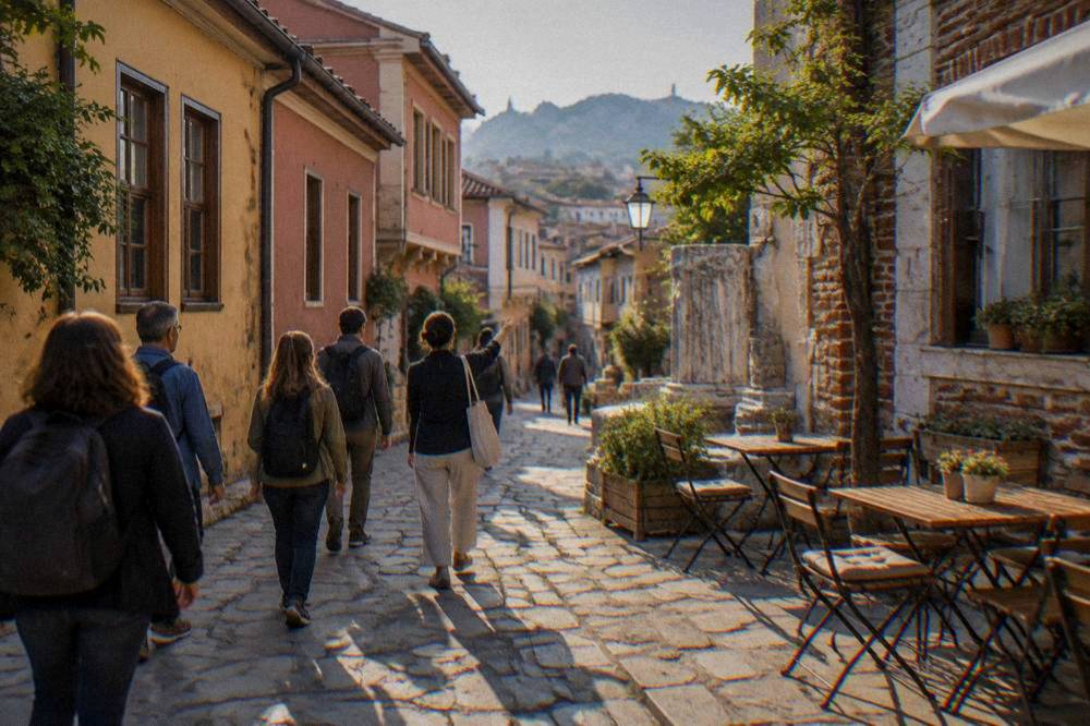 Small group of walkers following a guide through a narrow Kapana street