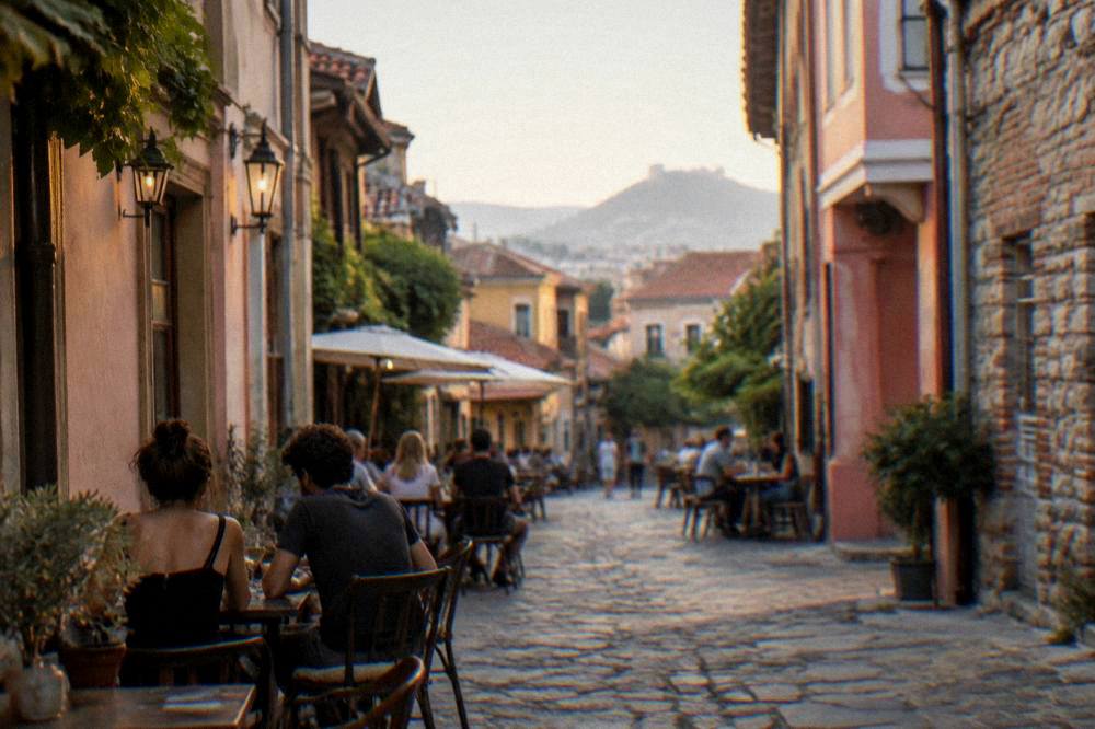 People seated at outdoor cafe tables in a narrow Kapana street in the evening