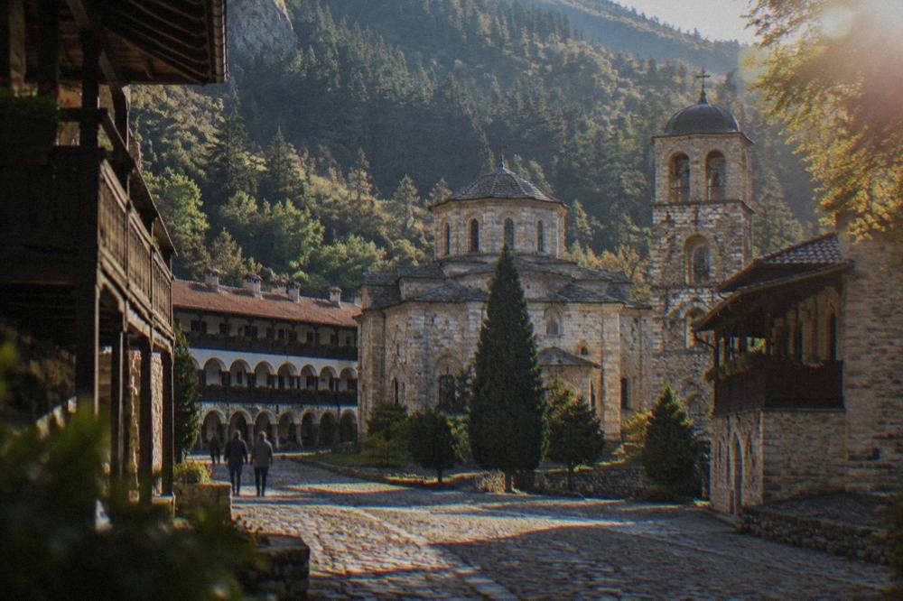 A village street of stone houses with wooden balconies under a steep forested slope.